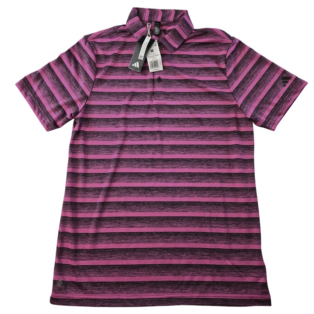 Adidas Polo Shirt Mens M Pink Striped Short Sleeve Collared Golf Performance